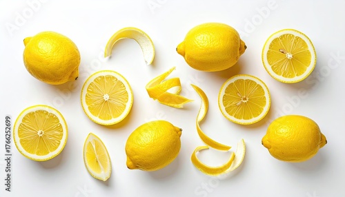 Bright Yellow Lemons Whole Sliced And Peeled Arranged On A Clean White Surface With Natural Lighting Creating A Fresh Citrus Display