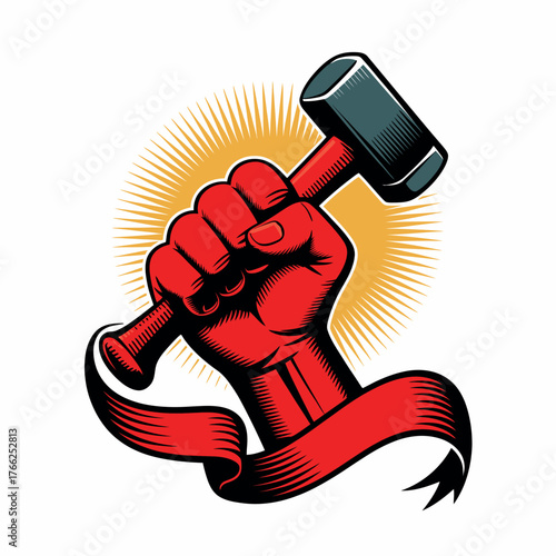 Red fist holding sledgehammer with ribbon and sunburst