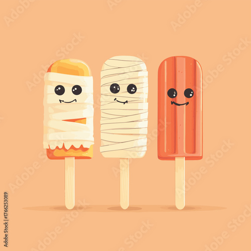 Creative Halloween Popsicle Treats with Cute Mummy Ice Cream Bar   , vector style simple color