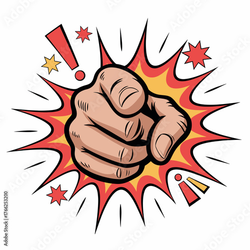 Hand pointing finger forward with comic book explosion effect