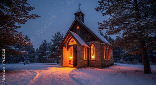Wallpaper Mural Small Stone Chapel Glowing Warmly at Night in Snowy Winter Landscape With Evergreen Trees Torontodigital.ca