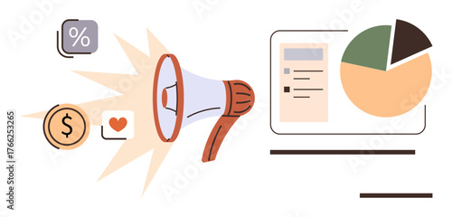 Loudspeaker spreading messages with financial and engagement icons, alongside an analytics pie chart. Ideal for marketing, strategy, business planning, promotions, data insights, campaigns, simple