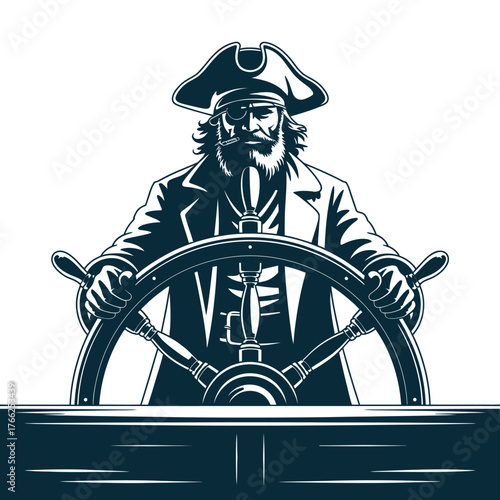 Pirate captain at the helm of a ship steering wheel