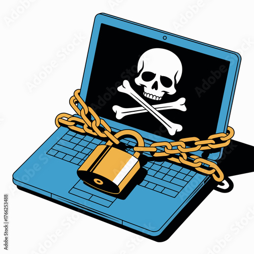 Laptop locked with a chain and padlock displaying a skull and crossbones symbol