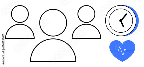 Minimalist people outlines, blue heart with heartbeat line, and a round clock emphasize teamwork, time, and well-being. Ideal for collaboration, productivity, healthcare, life balance lifestyle