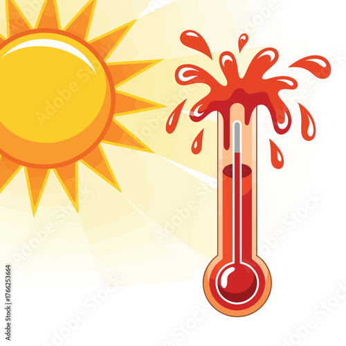 Illustration of a thermometer showing extreme heat under a bright sun