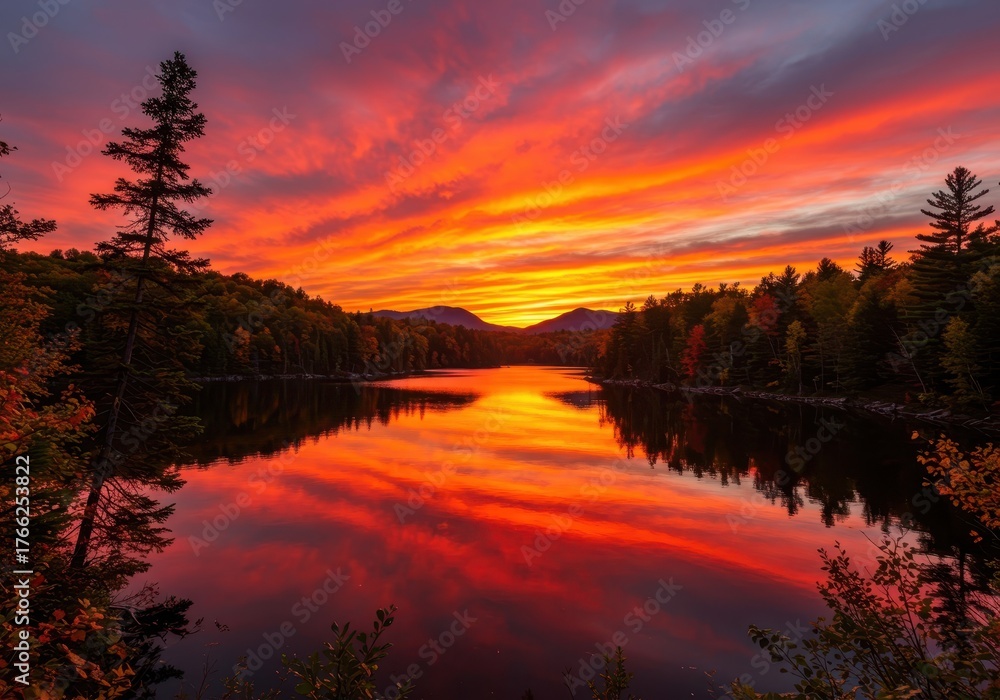 Obraz premium Vibrant orange and red autumn sunset over a calm, pristine mountain lake surrounded by dense, colorful forest ,view ,natural beauty ,nature