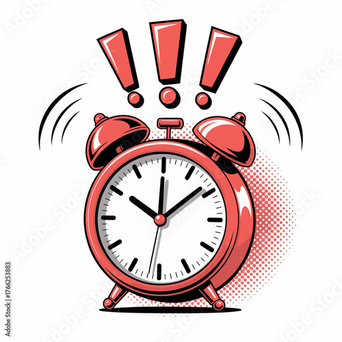 Retro red alarm clock ringing loudly with exclamation marks