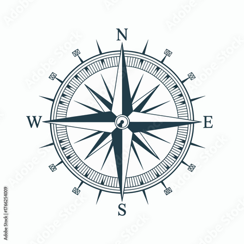Vintage nautical compass rose illustration with north south east west directions