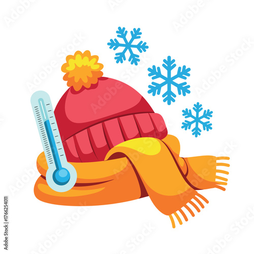 Winter clothing and thermometer with snowflakes indicating cold weather