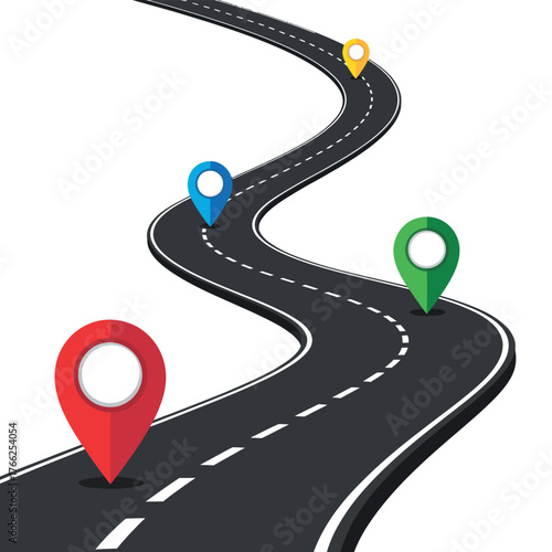 Winding road with colorful location pins marking a journey