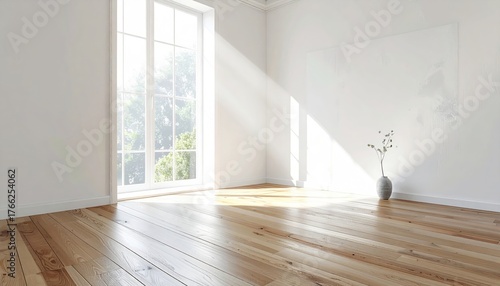Sunbeams Streaming Through Large Window Illuminating Empty White Room with Wood Floor and Minimalist Vase Decor