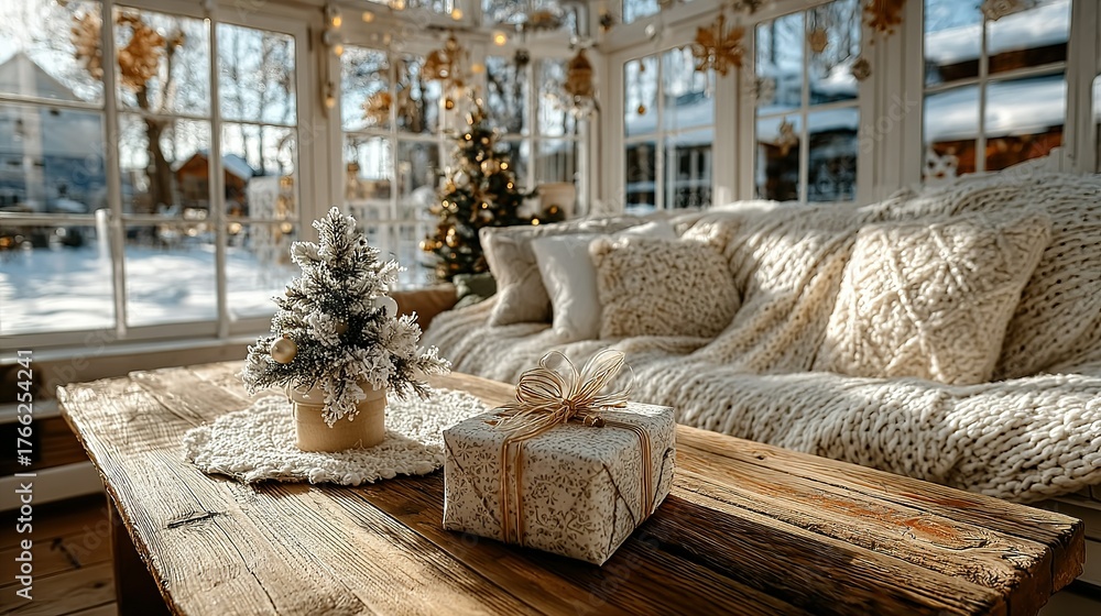 custom made wallpaper toronto digitalCozy Christmas Morning: Gift, Tree, and Winter Sunlight in Sunroom