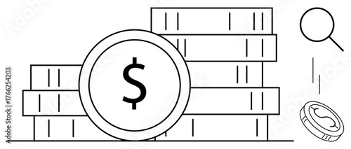 Stacked coins, a magnifying glass, and a falling coin portraying finance, investment, budgeting, savings, financial planning, economic growth and wealth. Ideal for a simple flat metaphor
