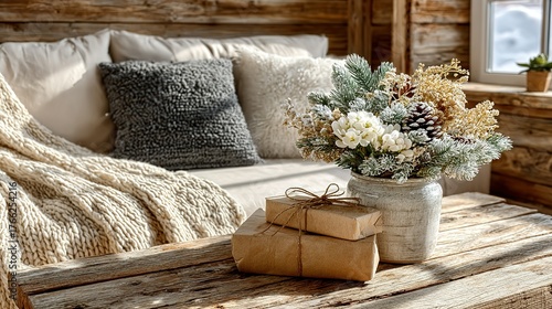 Cozy Rustic Christmas: Gifts, Floral Arrangement, and Wooden Textures