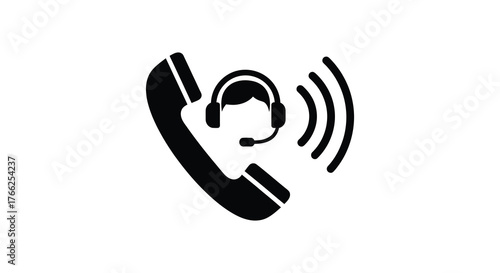 Black silhouette of a telephone handset with a person wearing headphones and microphone indicating communication and customer service silhouette
