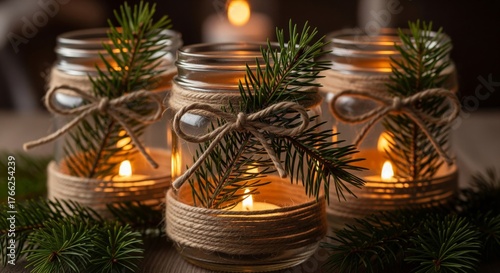 Three Glass Jars with Candles and Twine Bows on Wooden Table Christmas Decor