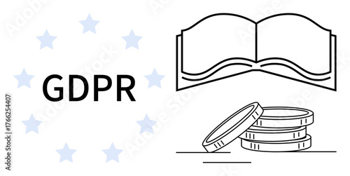 Open book symbolizing law, stack of coins for economy, GDPR text framed by European stars. Ideal for legal compliance, data privacy, finance, governance, regulation, economy simple flat metaphor