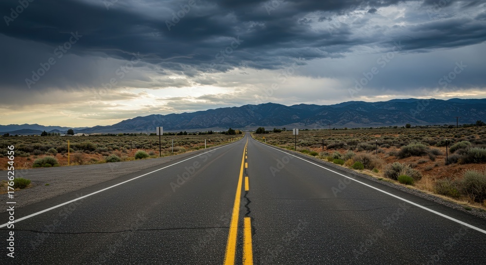 Naklejka premium Empty country road intersection at the roadside leading to distant mountains under a wide, dramatic sky, suggesting travel and decision ,roadside ,infrastructure ,mountain