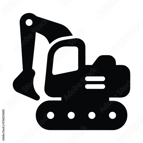 Simple black silhouette icon of a compact excavator machine on a white background