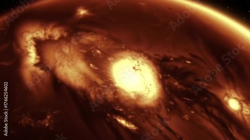 Fiery planet surface close up with glowing atmosphere