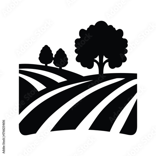 Stylized silhouette of rolling hills and trees depicting a rural landscape