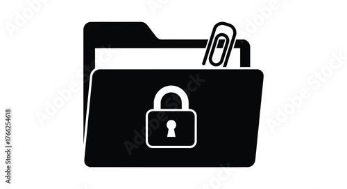 Black silhouette of an open folder with a padlock and paperclip representing secure document storage and data protection