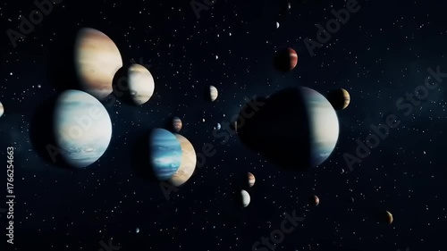 Planets and celestial bodies floating in dark space with dynamic lighting