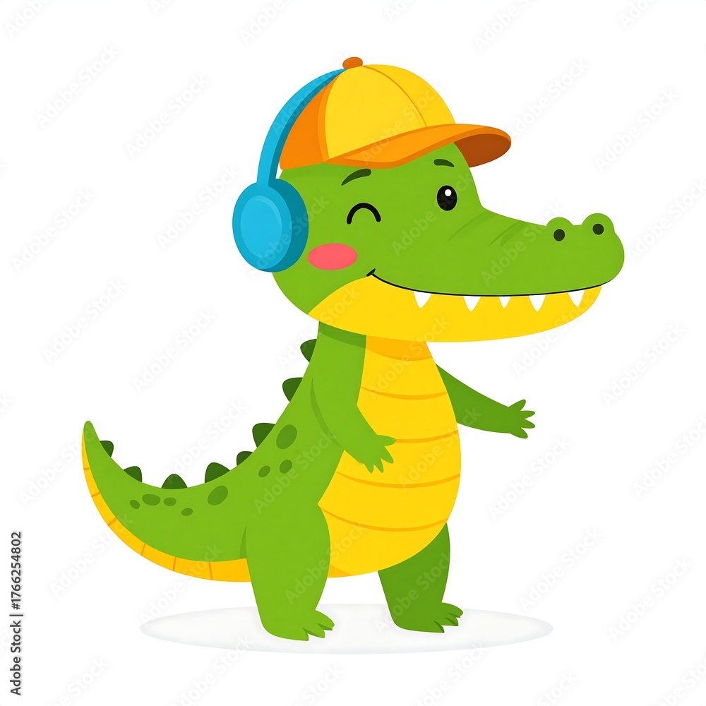 Obraz premium Cartoon alligator with a cap and headphones. Winking and smiling