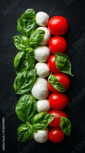 Artistic representation of the italian flag using fresh basil, mozzarella, and juicy tomatoes
