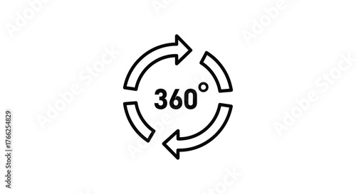 Simple black and white line art silhouette of a 360 degree rotation symbol with circular arrows indicating movement and direction