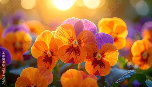 Fototapeta Naklejka Na Ścianę i Meble -  Vibrant Pansies Bloom in Golden Sunlight with Soft Bokeh Background during Golden Hour