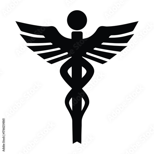 Stylized black caduceus symbol with wings and serpent on white background