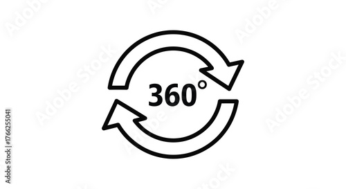 Circular arrows with 360 degrees symbol indicating rotation and full circle view in a clean silhouette style