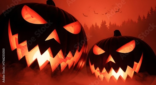 Sinister pumpkins grin menacingly under the eerie red sky, ready for the night of spooky tricks.