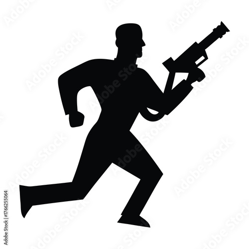 Silhouette of a man in motion holding a futuristic weapon ready for action