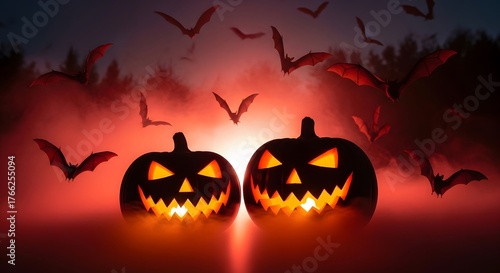 Two jack-o-lanterns glow eerily as bats flutter in a mysterious, smoky red Halloween night scene.