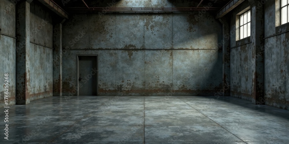 Obraz premium An Abandoned Industrial Space A Moody, Weathered Interior with Concrete Floor and Single Door