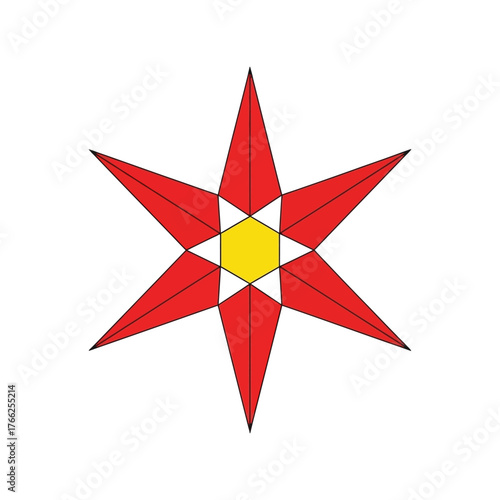 Geometric red star symbol abstract design yellow center minimalist shape art decorative element vector