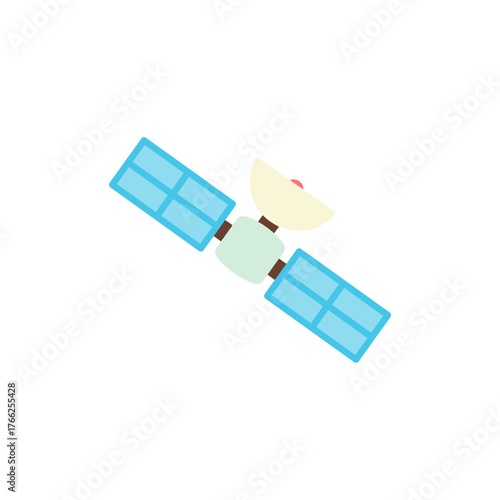 flat design of satellite with a central light green body, a light yellow parabolic dish antenna, and two rectangular arrays of light blue solar panels extending from its sides