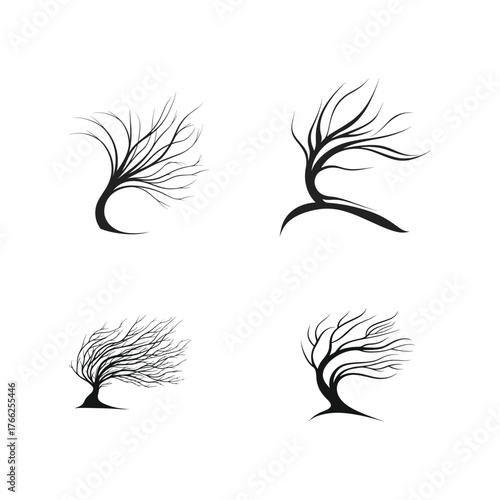 Set of four abstract windblown tree logos or icons. Minimalist black and white vector graphics of bare, stylized trees with branches curving from the force of the wind