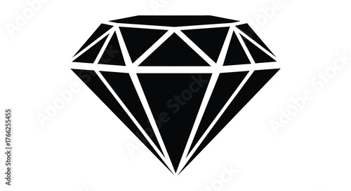 A striking black silhouette of a faceted diamond gemstone isolated on a white background representing luxury and value