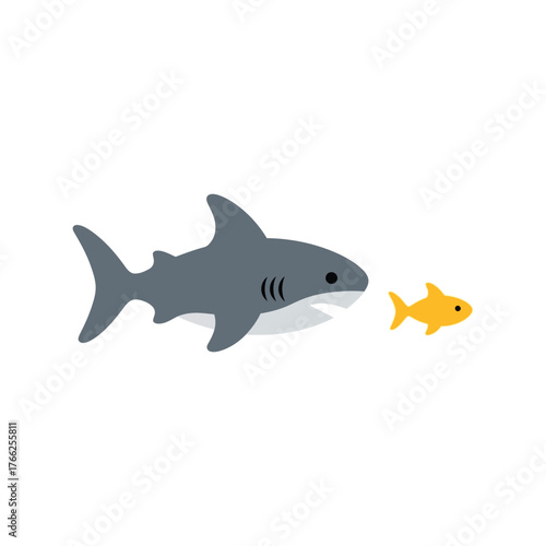 Big shark hunting small fish simple cartoon illustration predator prey concept minimalist design vector