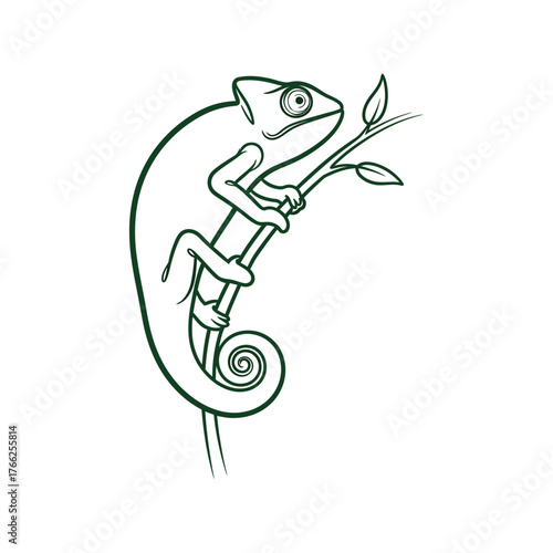 Cute chameleon illustration on branch vector outline for kids coloring pages vector