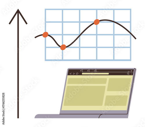 Data trendline on chart with points, laptop browser window, and upward arrow. Ideal for growth, analytics, technology, success, strategy data visualization metrics. Simple flat metaphor