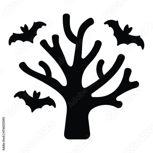Silhouette of a spooky barren tree with bats flying around it on a white background