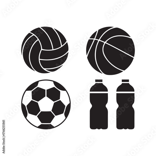 Sports Balls and Water Bottles Silhouette: Team Sport Icon Set