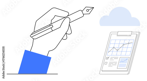 Hand writing with a pen beside a clipboard displaying financial graphs and checklists, under a cloud shape. Ideal for business, creativity, data, analysis, planning, strategy education. Simple flat