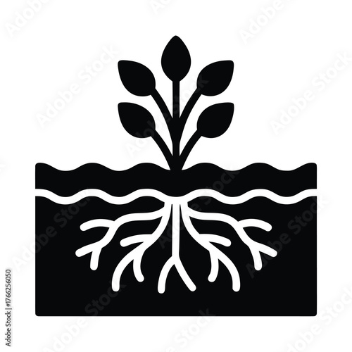 Stylized black and white icon of a plant growing with visible roots in soil and water