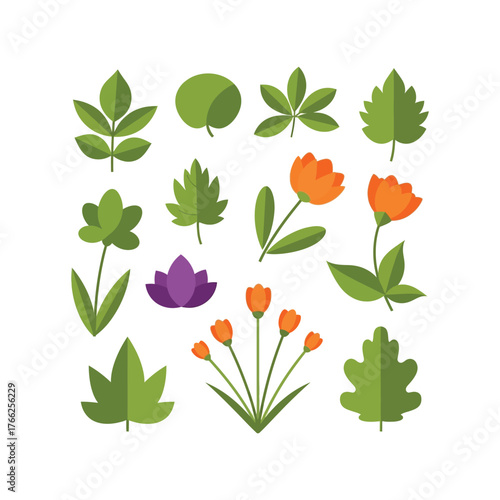 Vibrant nature elements collection fresh green leaves and colorful blooming flowers in flat design style vector